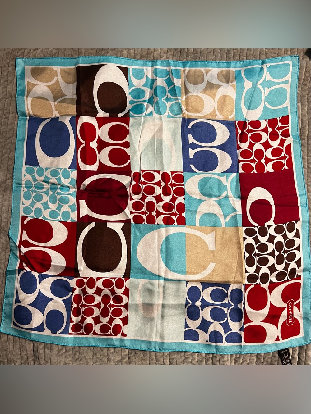 Coach Patchwork 'C' Scarf in Red, Blue, Brown, Tan, Cream, White
